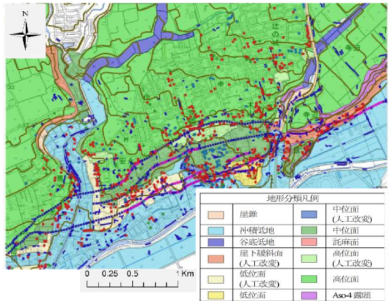 地形分類東側と宅地・建物全壊の重ね図
