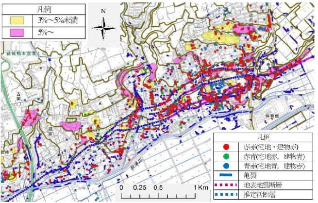 等高線勾配と宅地・建物全壊の重ね図